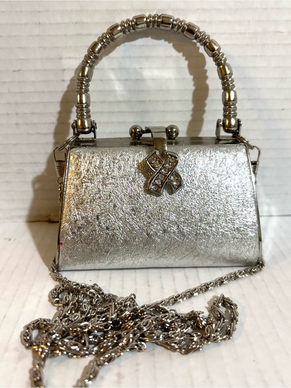 Silver Metallic Top-Handle Evening Bag with Chain - Picture 1 of 6